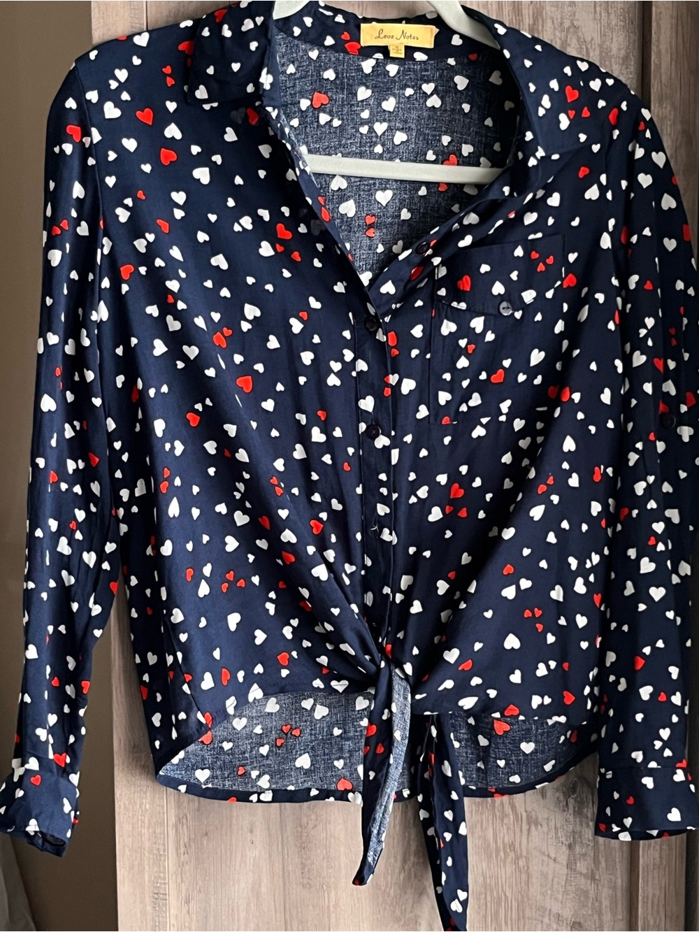 Love Notes Navy Button-Down Heart Print Tie Front Shirt